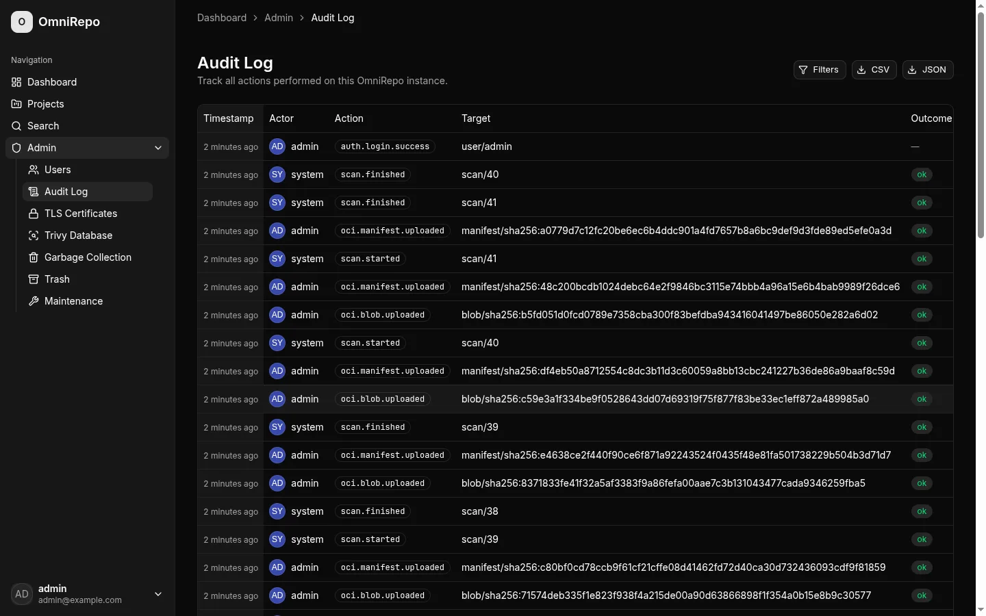 Audit log view with timestamps, actors, actions, and outcomes
