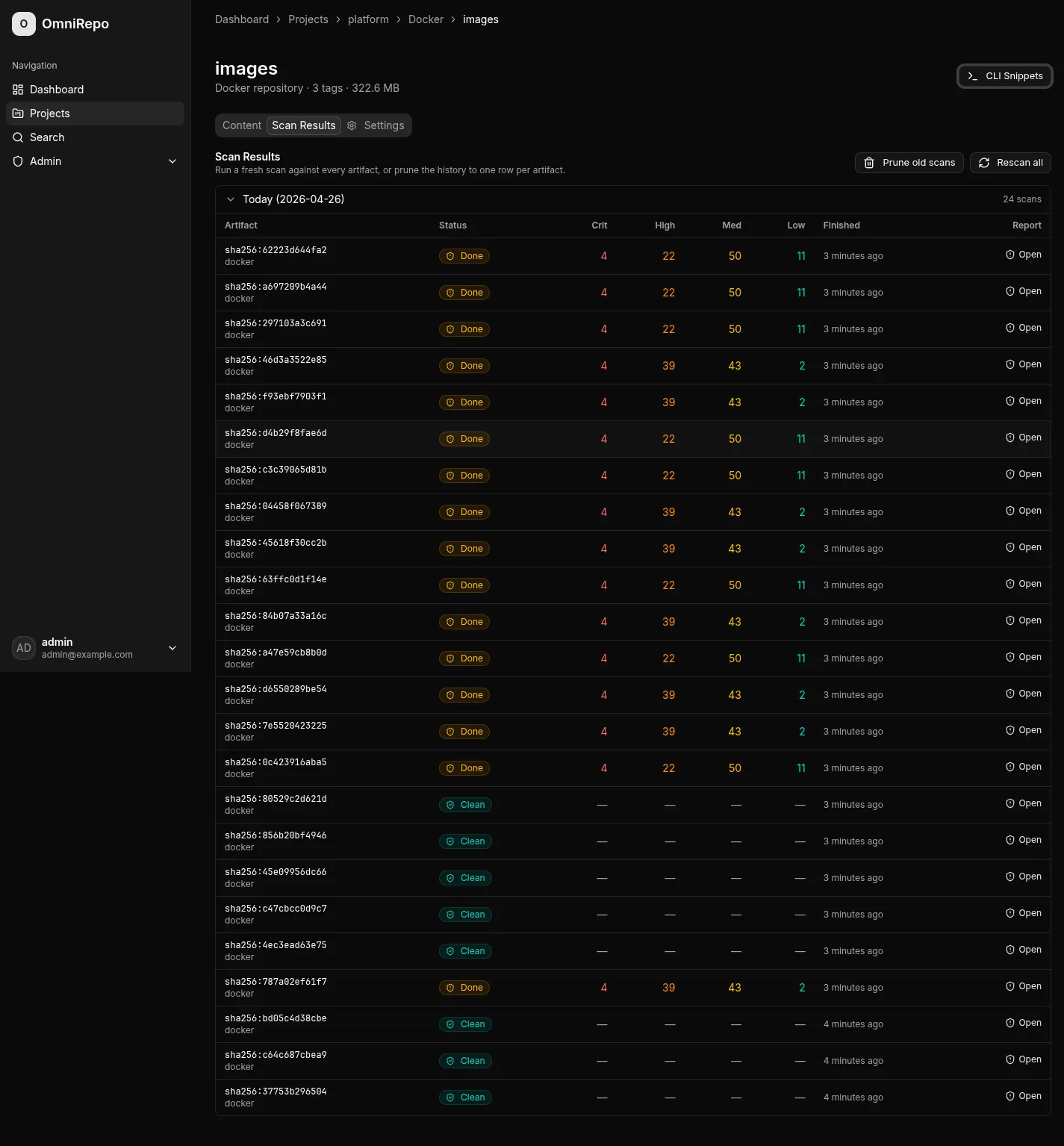 Per-artifact scan results page with severity counts and report links