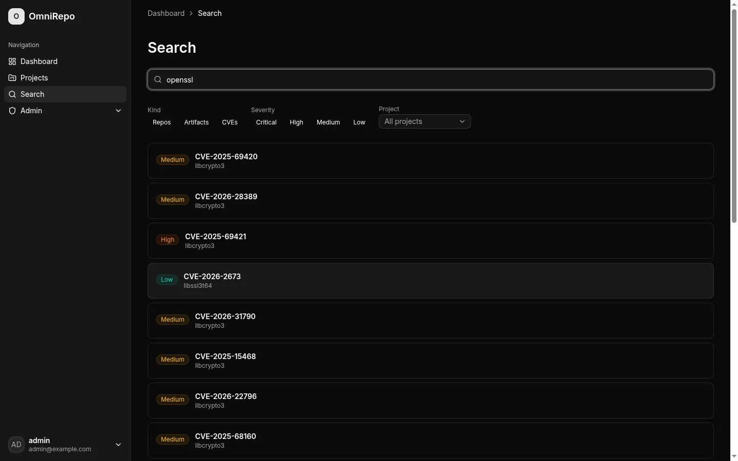 OmniRepo global search showing CVE results filtered by "openssl"