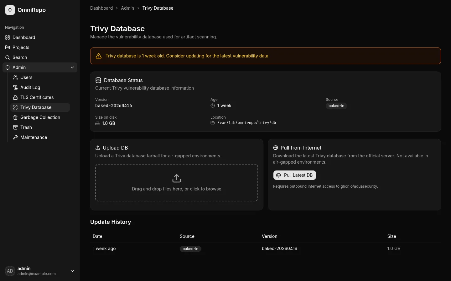 OmniRepo Admin → Trivy Database panel showing baked-in DB version, age, size, upload area, and update history